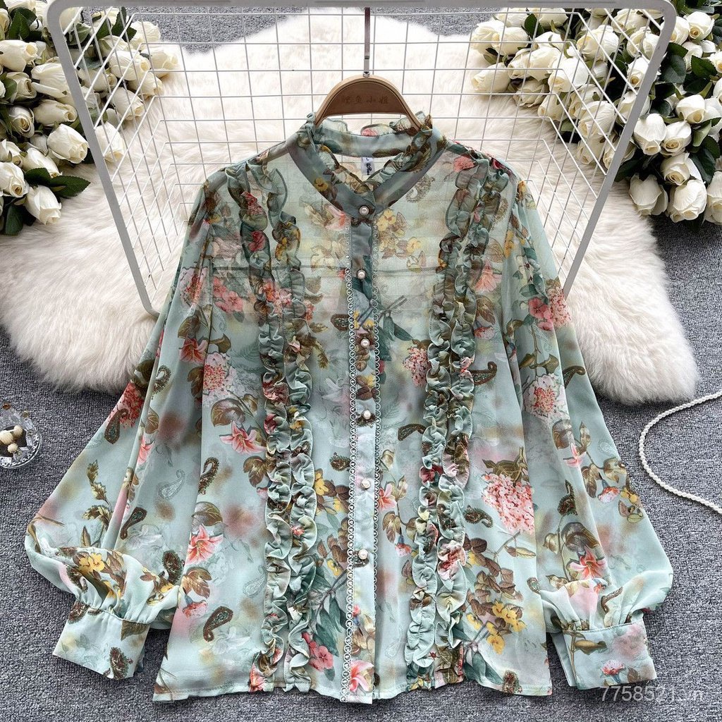 Áo Sơ Mi chiffon Tay Phồng In Họa Tiết Phong Cách Pháp Thời Trang Mùa Xuân Cho Nữ