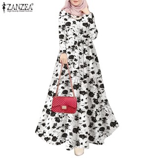 Zanzea Đầm Maxi Tay Dài Cổ Tròn In Họa Tiết Thời Trang Cho Phụ Nữ Hồi Giáo