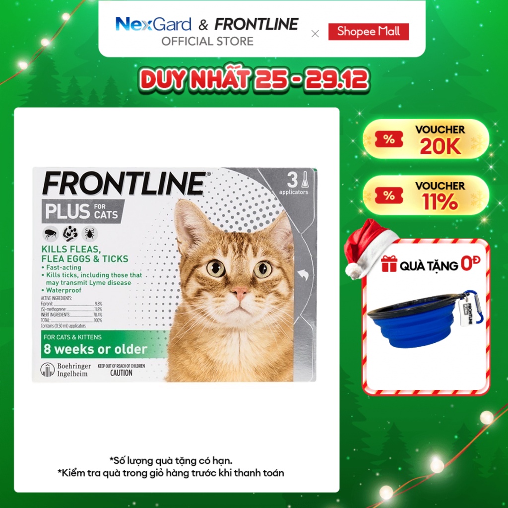 Frontline Plus - Tuýp nhỏ gáy phòng & trị ve, rận, bọ chét (trứng, ấu trùng, con trưởng thành) cho mèo - 1 hộp 3 tuýp