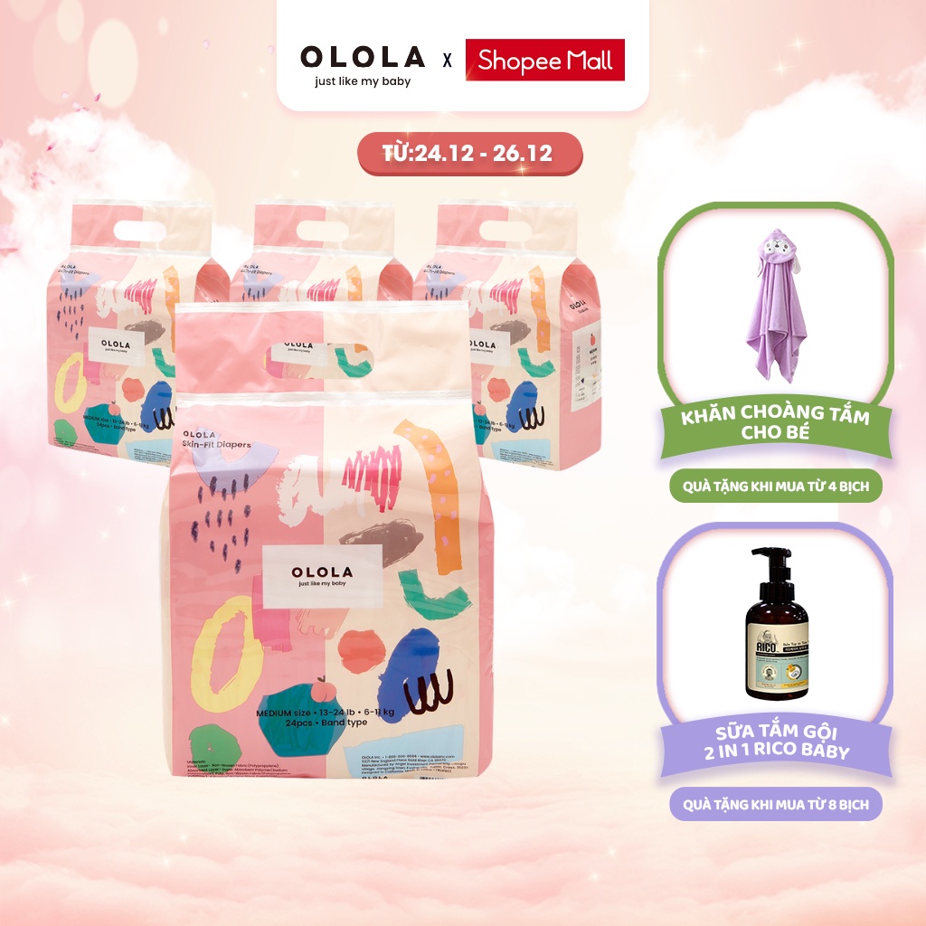 Combo 4 Bịch Tã/Bỉm Dán OLOLA Skin Fit Size M 24 Miếng Hàn Quốc Cho Bé Từ Sơ Sinh, Mỏng Nhẹ, Mềm Thoáng, Thấm Hút Nhanh