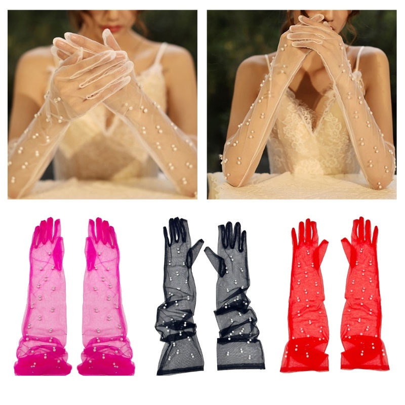 Bridal Gloves Pearls Studded Bride Full Finger Tulle for Women Girls Dress up