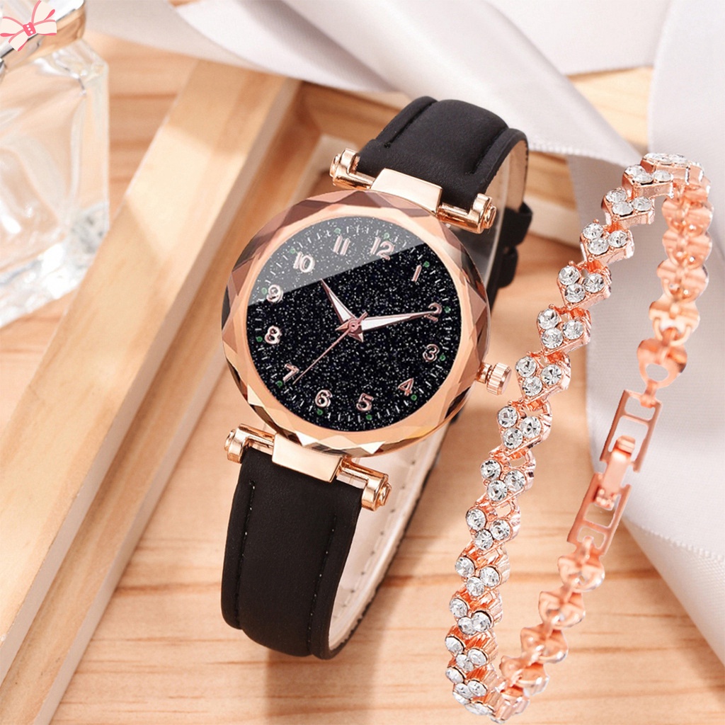Bộ Đồng Hồ Đeo Tay Đính Đá Họa Tiết Bầu Trời Đầy Sao Thời Trang Cho Nữ