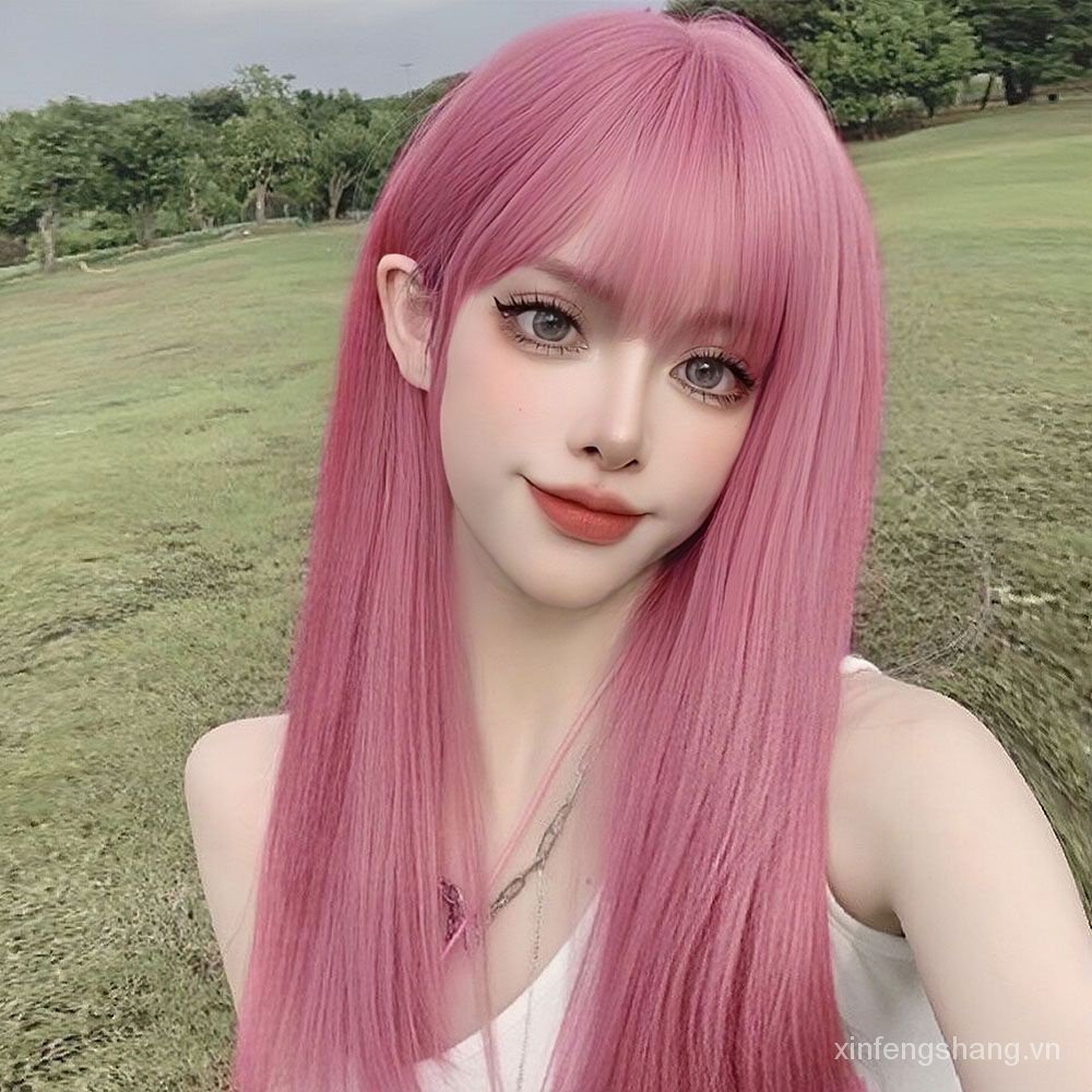 Wig Female Medium Long Straight Hair Invisible Full-Head Wig Style Internet Celebrity Lolita Realistic Light Pink Social Hairstyle