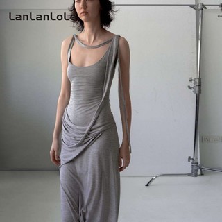 LanLanLo Nữ Màu Trơn Thời Trang Đơn Giản Gợi Cảm Dây Không Tay Pennant Backless Casual Slim Dress