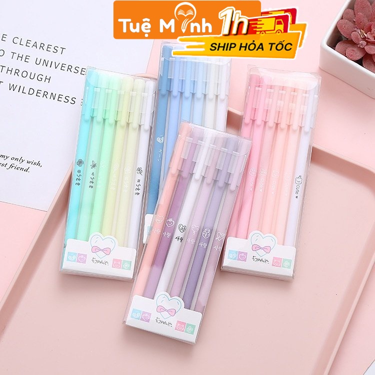 Bộ 6 bút gel mực đen B55 Bút bi 0.5mm nhiều màu Pastel tông kẹo ngọt