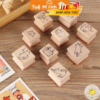 Bộ 9 con dấu gỗ hình Mèo/ Cơm Nắm kèm hộp mực đóng dấu trang trí sổ và thiệp