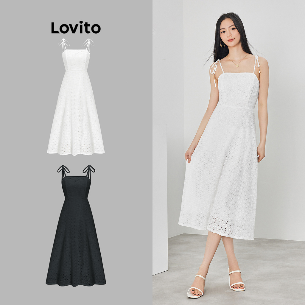 Đầm Lovito có lót đính nơ thêu rỗng khóa zip màu trơn thường ngày cho nữ L62ED126 (Nhiều màu)