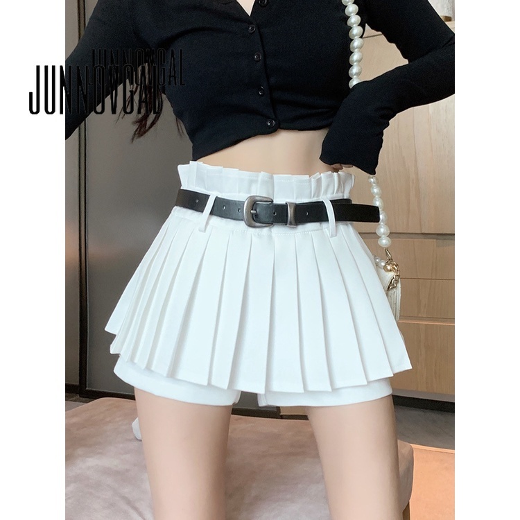 Chân váy nữ JUNNOVGAL xếp ly cạp cao phối thắt lưng thời trang mới 2023
