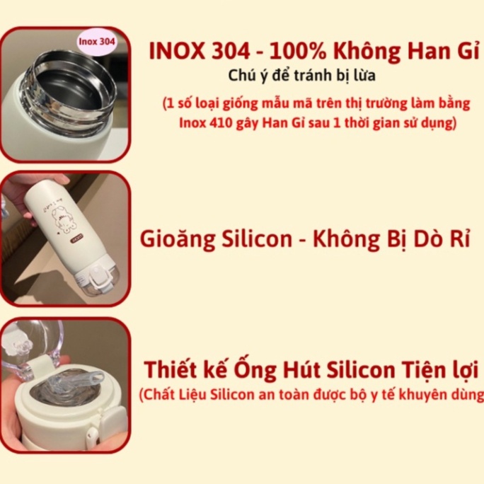 Bình Đựng Nước Giữ Nhiệt 4-8 Tiếng 500ml INOX 304 Không Gỉ - Cốc Giữ Nhiệt Họa Tiết Dễ Thương Kèm Ống Hút Và Sticker