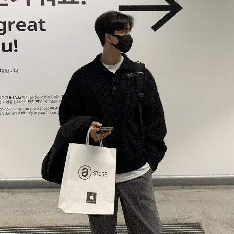 Áo sweater Dệt Kim Cổ polo Dáng Rộng Màu Sắc Đơn Giản Thời Trang Thu Đông Cho Nam Giới