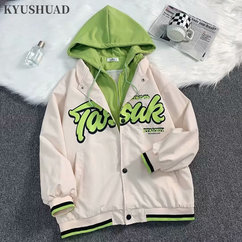 Kyushuad Áo Khoác Bóng Chày Giả Hai Lớp Có Mũ Trùm Dáng Rộng Phong Cách retro Mỹ Giản Dị Dành Cho Nam
