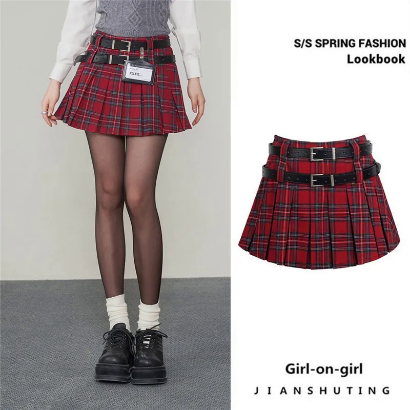 Yimo Chân Váy Ngắn Lưng Cao Xếp Ly Sọc Ca Rô Phong Cách retro Dành Cho Nữ