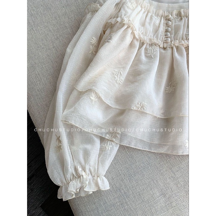 Áo Kiểu Tay Dài Phồng Hở Vai Thêu Họa Tiết Thời Trang Hàn Quốc Dành Cho Nữ