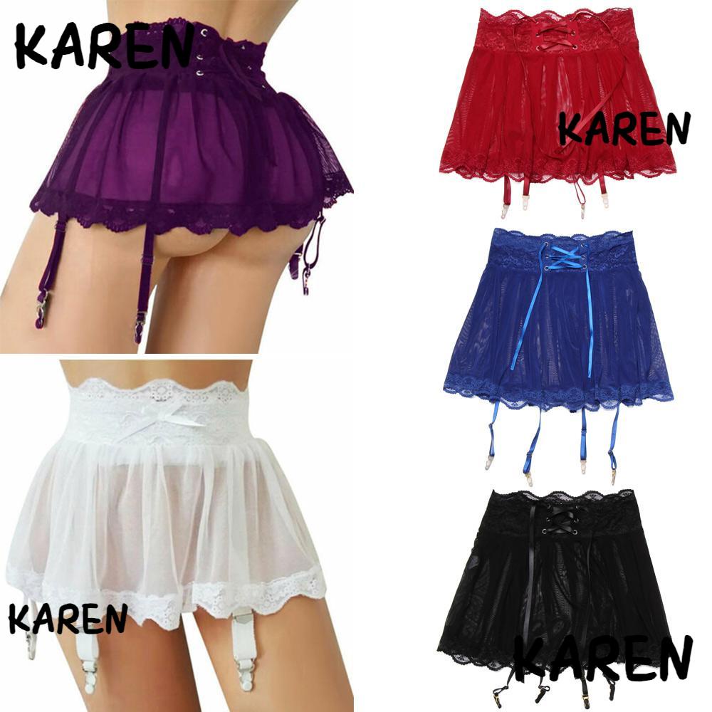 Karen Đầm Ngủ Lưới Xếp Ly Kèm Kẹp Nịt Bít Tất Ren Gợi Cảm