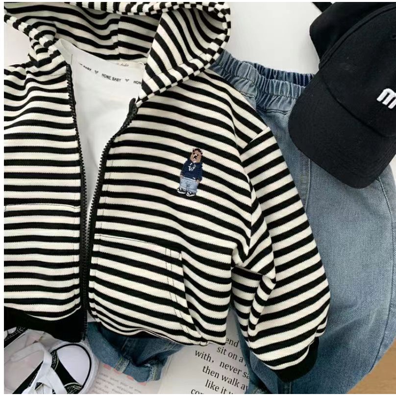 Áo Khoác Có Nón Phối Khóa Kéo Họa Tiết Kẻ Sọc Trắng Đen 80-140cm Phong Cách Hàn Quốc Thời Trang Mùa Thu Cho Bé