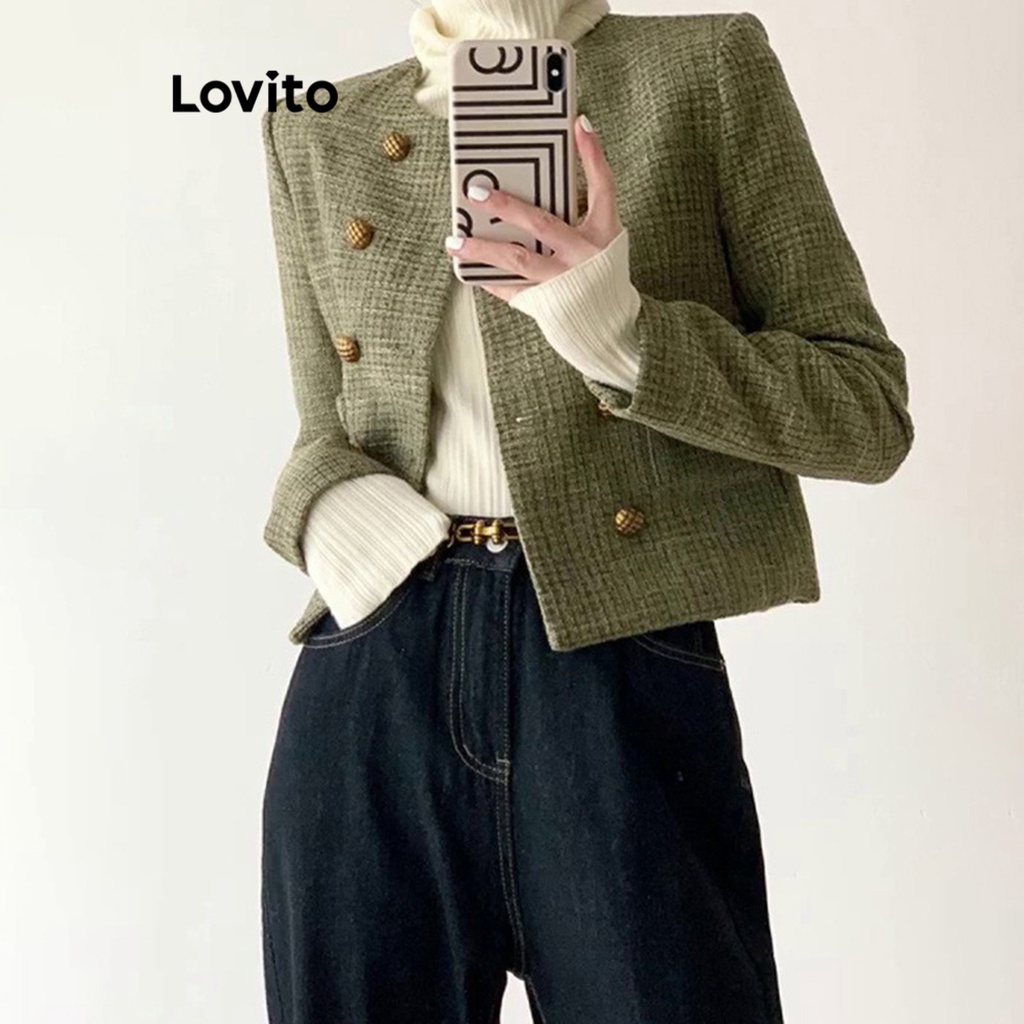 Áo blazer Lovito phối túi cài nút đôi màu trơn thường ngày cho nữ LNA16055