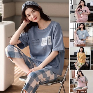 Ayyufe Bộ Đồ Ngủ 2 Món Gồm Áo Thun Tay Ngắn Cổ Tròn + Quần Lửng Lưng Thun In Họa Tiết Hoạt Hình Thời Trang Mùa Hè Cho Nữ