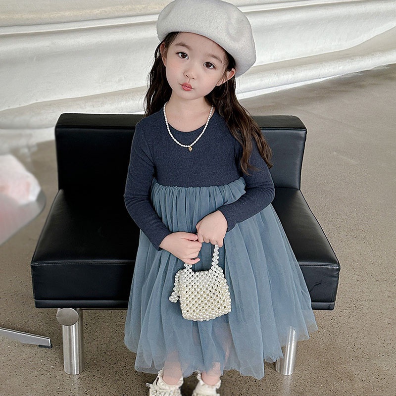 Se7en Đầm Công Chúa Tay Dài Phối Lưới Màu Trơn Dễ Thương Thời Trang Mùa Thu Cho Bé Gái