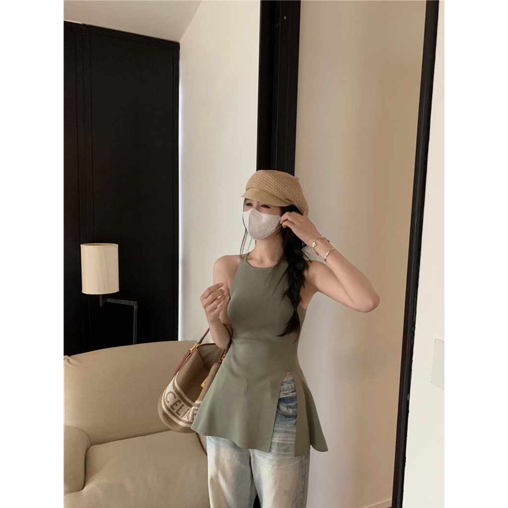 Áo Vest Xẻ Tà Vừa Vặn Màu Trơn Phong Cách Mới Phụ Nữ Mùa Hè Gợi Cảm Áo Không Tay