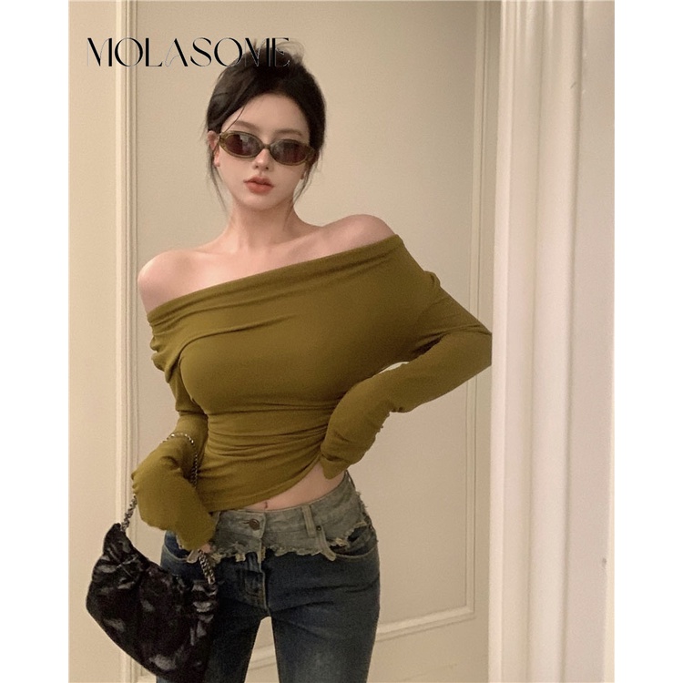 Polaroisome Áo Thun Tay Dài Hở Vai Màu Trơn Thời Trang Mới 2023 Dành Cho Bạn Nữ