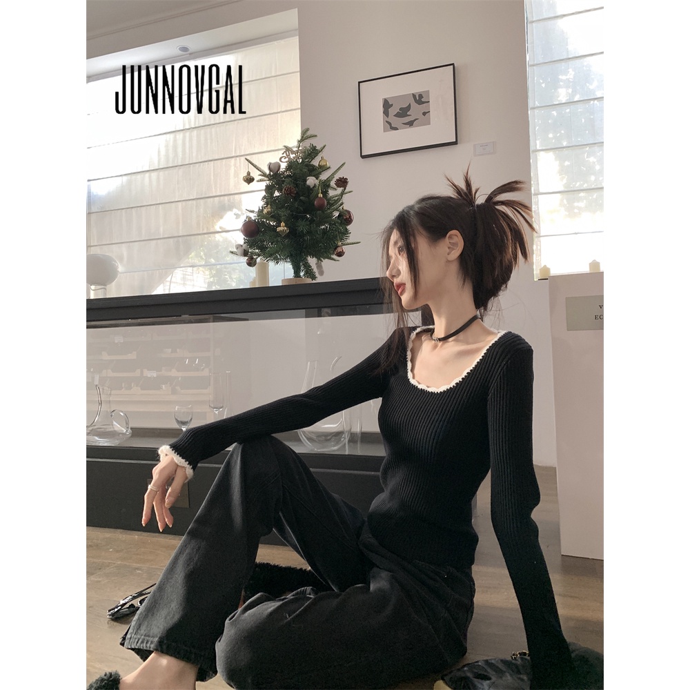 Junnovgal Áo Thun Tay Dài Cổ Chữ u Màu Trơn Dáng Ôm Thời Trang 2023 Dành Cho Nữ