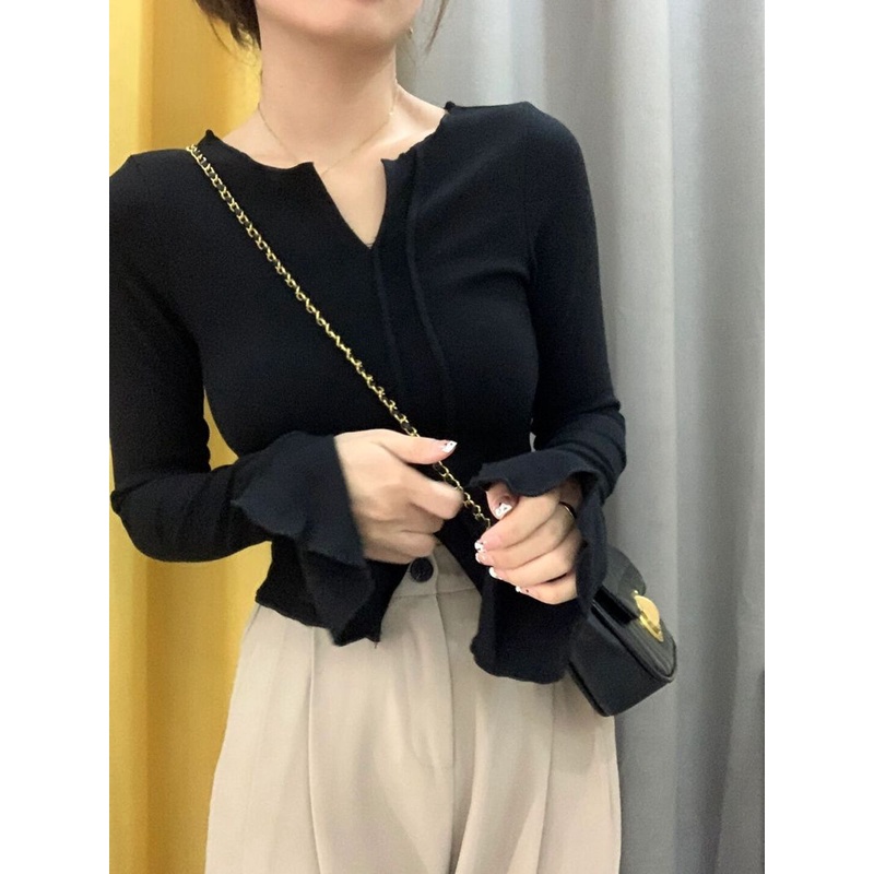 Áo Thun Croptop Tay Dài Cổ Chữ v Thời Trang Thu Đông Cho Nữ