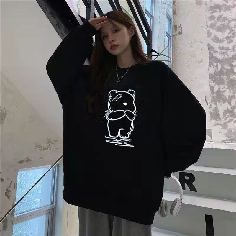 Áo Sweatshirts Mỏng Tay Dài Dáng Rộng In Hình Cho Nữ