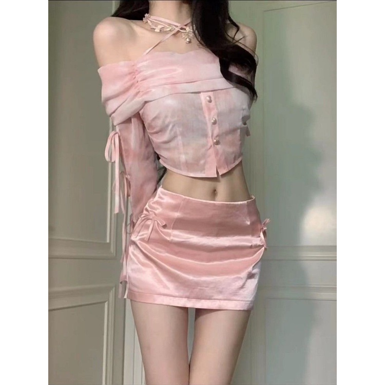 Set Áo Croptop Tay Dài + Chân Váy Thời Trang Cho Nữ