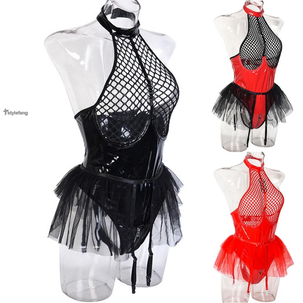 Bộ Đồ Da pu + Lưới Màu Trơn Gợi Cảm Cho Nữ