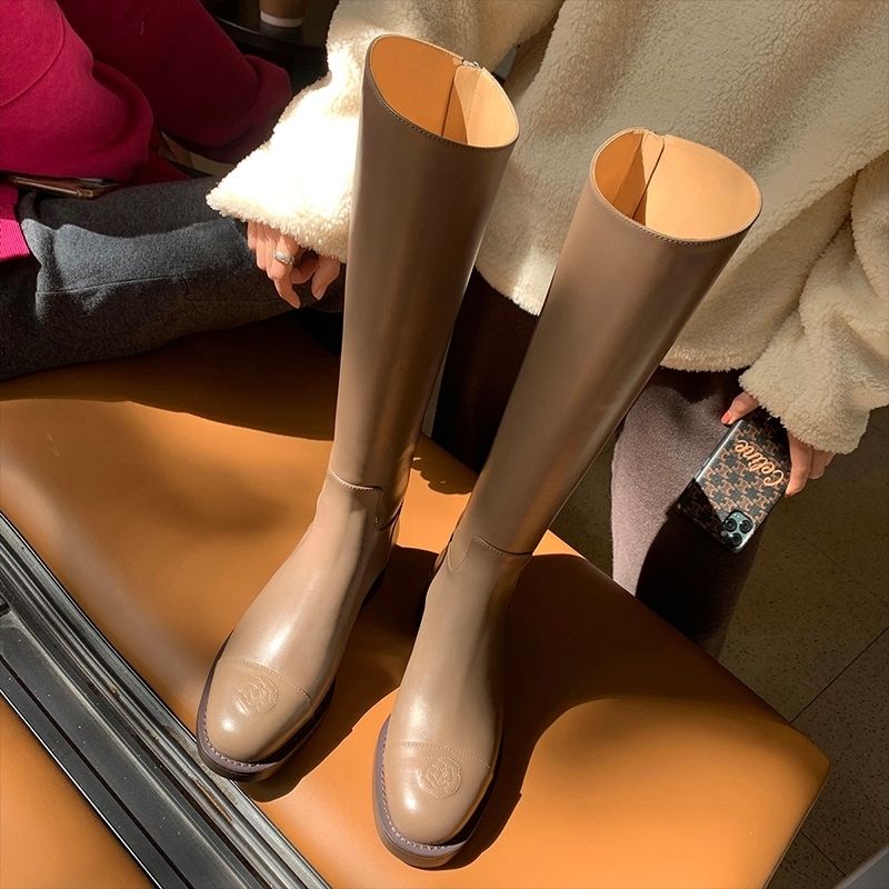 Giày Bốt Da Mềm Đế Bằng Mũi Tròn Phối Lông Cừu Phong Cách Thời Trang Mới 2023