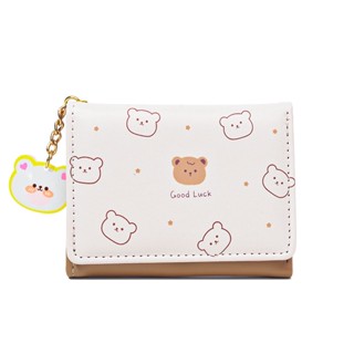 Ví ngắn PIERRE LOUES dạng gập nhiều ngăn đựng thẻ kèm móc khóa hình gấu hoạt hình dễ thương cho nữ