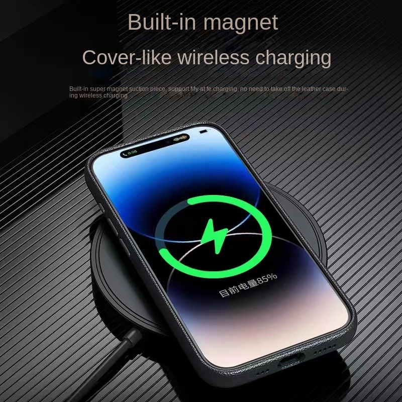 Bao Da Điện Thoại Bằng Da Bò Thật Cao Cấp Có Nút Nam Châm Và Sạc Không Dây Cho iphone 15 pro max 15pro Ốp