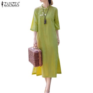 Zanzea Đầm Tay Ngắn Cổ Đứng Thêu Họa Tiết Phong Cách Hàn Quốc Thời Trang Cho Nữ