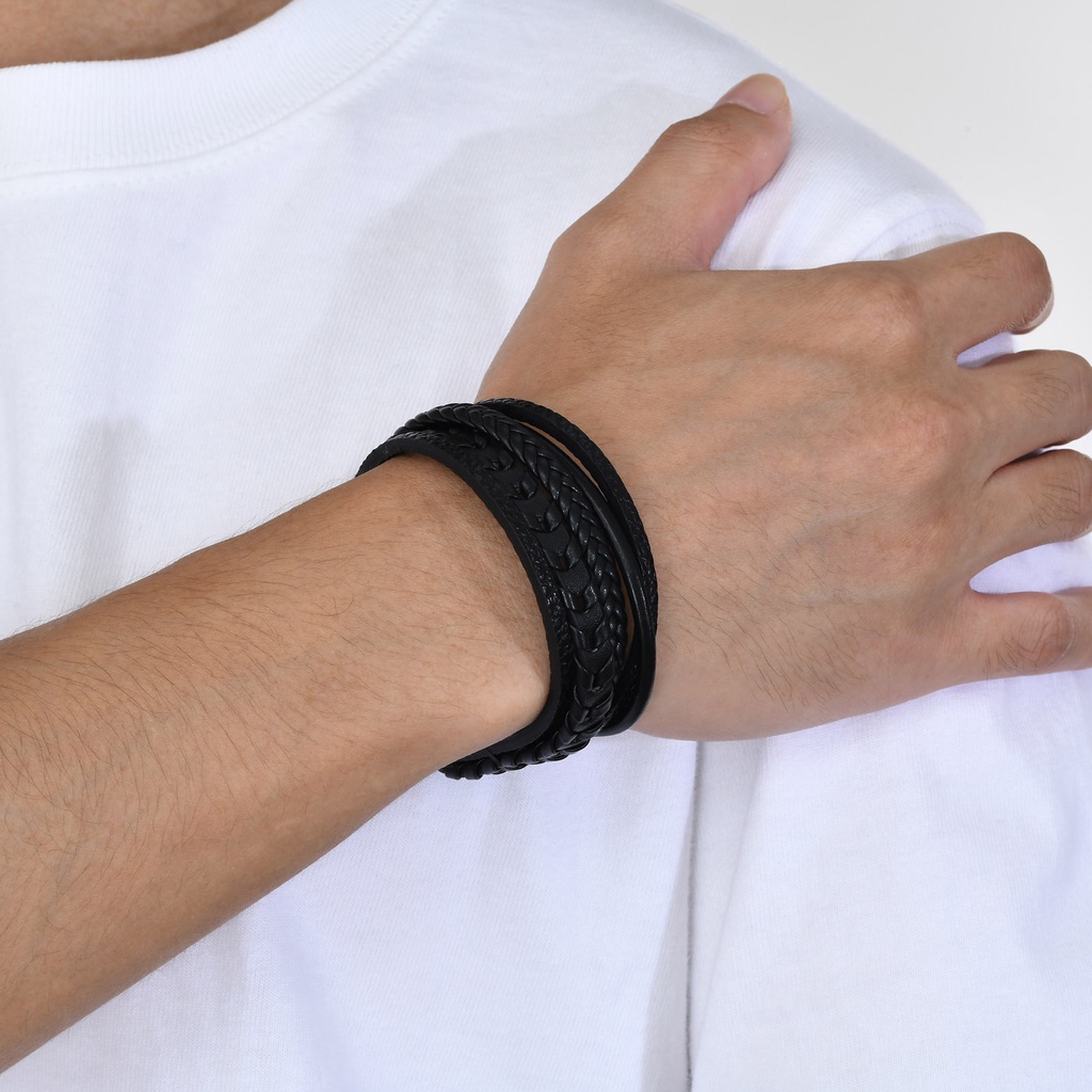 Vnox Vòng Tay Da Nhiều Lớp Màu Đen Thời Trang Cho Nam