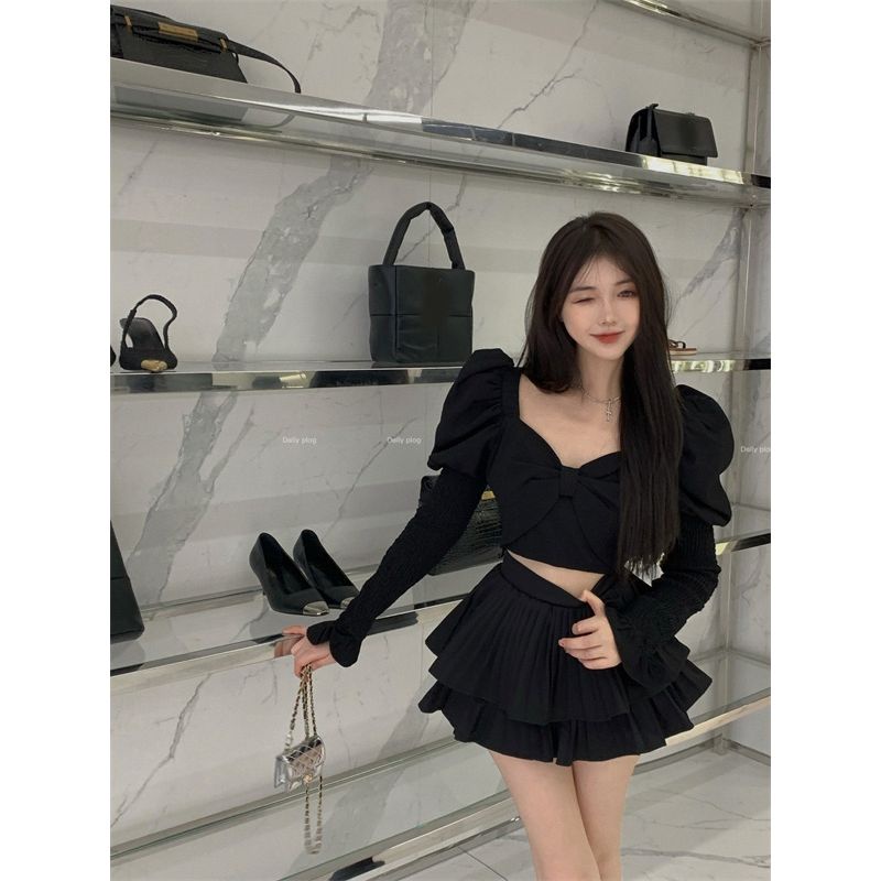 Bộ Áo Sơ Mi Tay Dài Dáng Ôm + Chân Váy Xếp Ly Lưng Cao Thời Trang Mùa Thu Cho Nữ