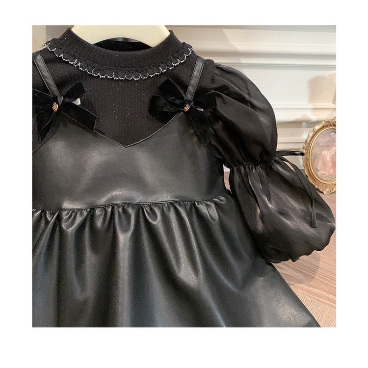 ÁO LEN TAY BỒNG MIX VÁY DA ĐÍNH NƠ PHONG CÁCH CHO BÉ- HÀNG QCCC