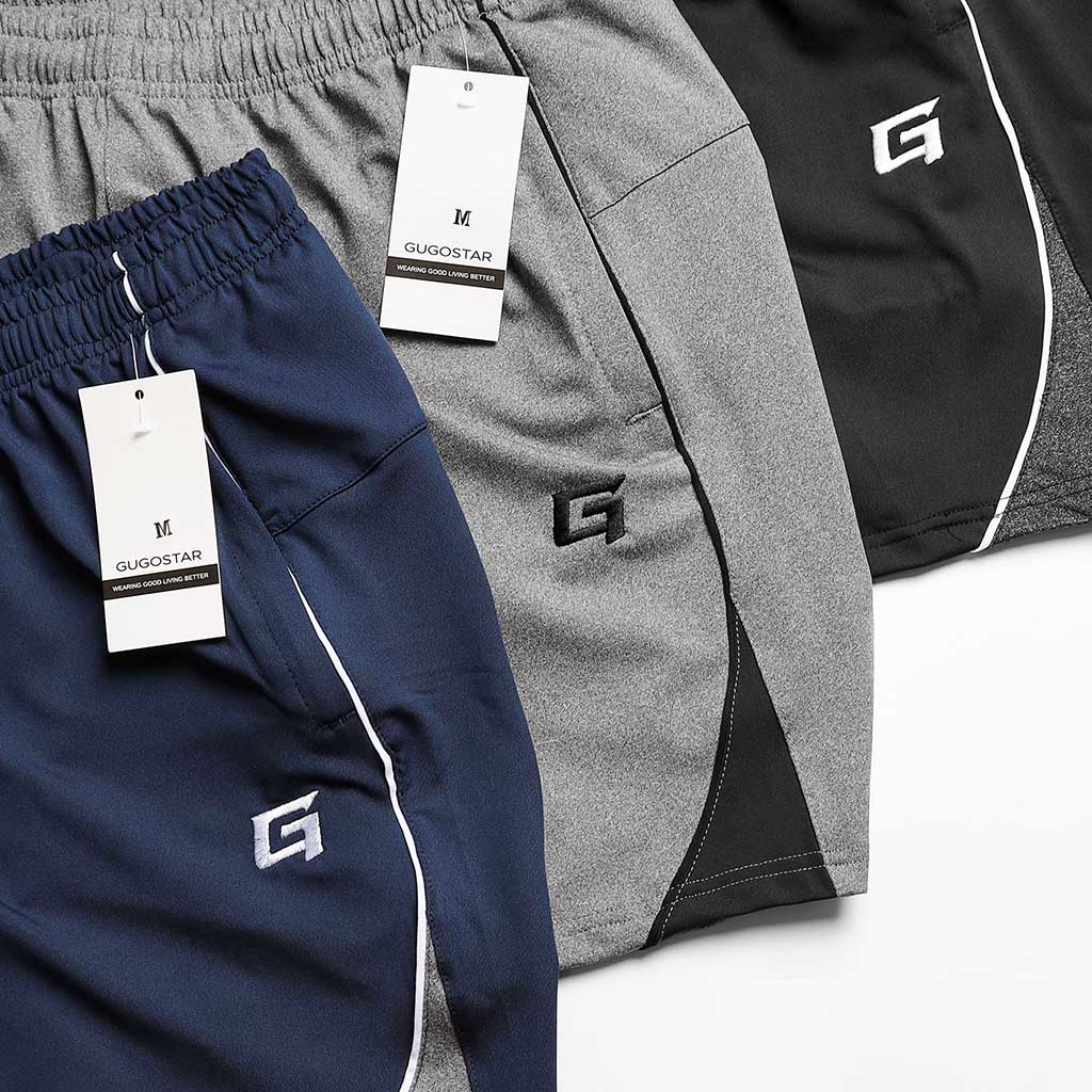 Quần Short Nam Thể Thao MIX G12 Gugostar, Vải Polyester Co Giãn 4 Chiều, Logo Thêu, 3 Túi Khóa Kéo