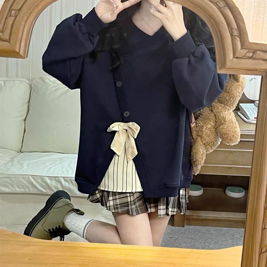 Áo sweater Dáng Rộng Mềm Mại Phối Màu Tương Phản Đính Nơ Kiểu Nhật Hàn Thời Trang Mùa Thu Cho Bạn Gái