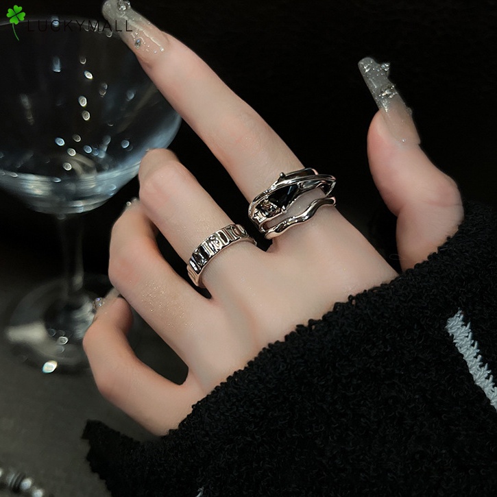Set 2 Nhẫn Bạc Đính Đá Pha Lê Đen Cá Tính