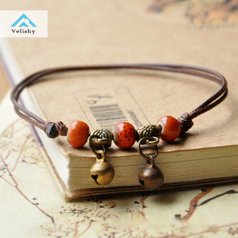 Lắc Chân Bện Dây Xỏ Hạt Gốm Màu Xanh Dương / Nâu Phong Cách Dân Tộc Thời Trang Cho Nữ