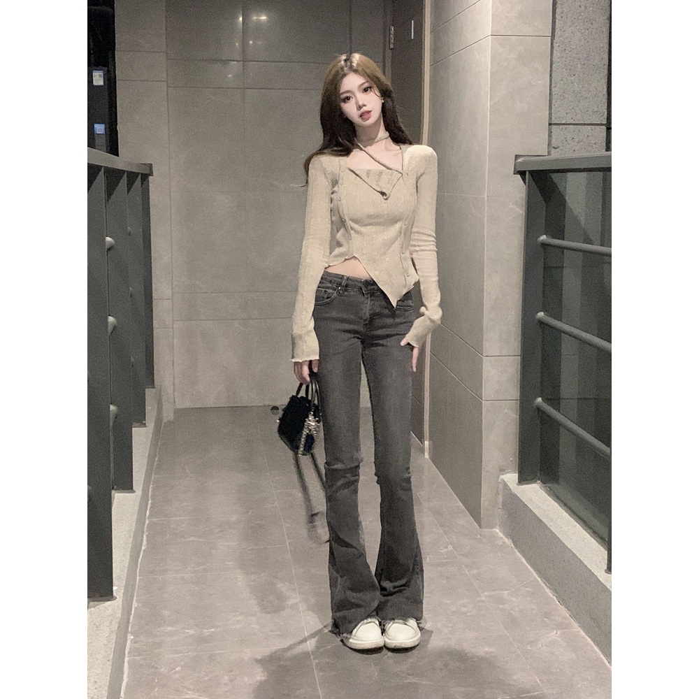 Áo Thun Tay Dài Cổ Vuông Giả Hai Lớp Dáng Ôm Thời Trang Thu Đông Cho Nữ