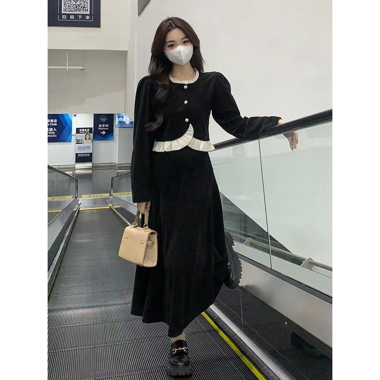 Bộ Áo Nhung Cao Cấp Tay Dài Phối Bèo + Chân Váy Thời Trang Thu Đông 2022