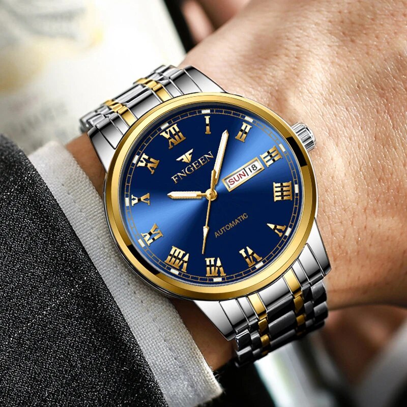 FNGEEN Thương hiệu Luxury Business Men Đồng hồ thép không gỉ Thương hiệu nổi tiếng Nam dạ quang Thời trang Quân đội Đồng