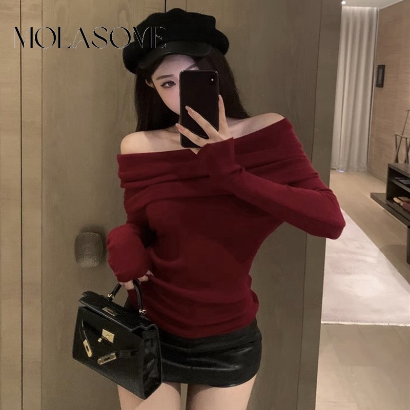 Áo Thun Tay Dài Màu Trơn Dáng Ôm Hở Vai Thời Trang 2023 Dành Cho Bạn Nữ