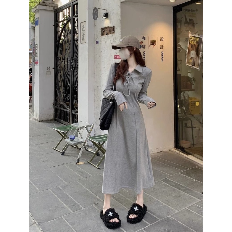 Đầm Xám Tay Dài Ôm Eo Phong Cách Thời Trang Thu Đông Cổ Điển Size s-xl