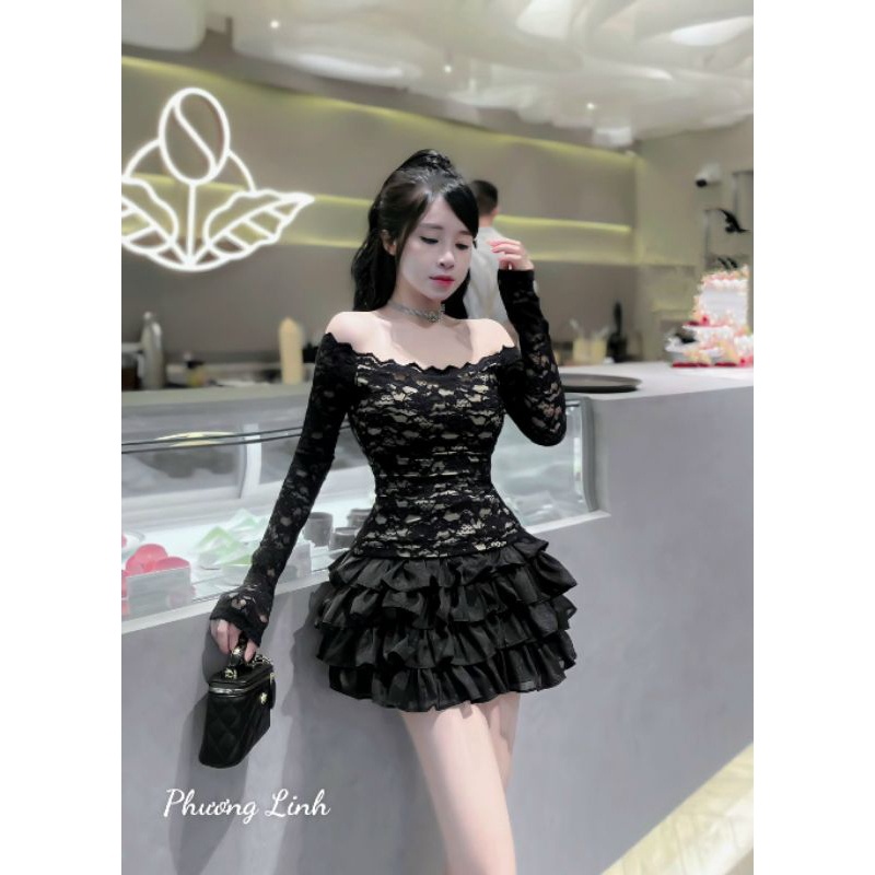 Set áo ren trễ vai mix chân váy bèo tầng xinhh xỉu