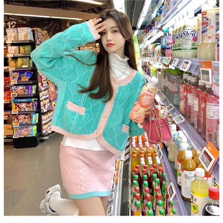 Bộ Áo Khoác cardigan + Áo Khoác Dệt Kim Màu Xanh Lá Thời Trang Mùa Xuân Cho Nữ