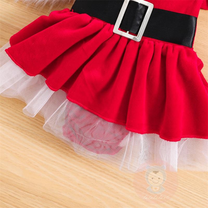 Laa6-bộ 2 Món Áo Liền Quần + Băng Đô Nhung Ghép Vải Lưới Giáng Sinh Dễ Thương Cho Bé Gái