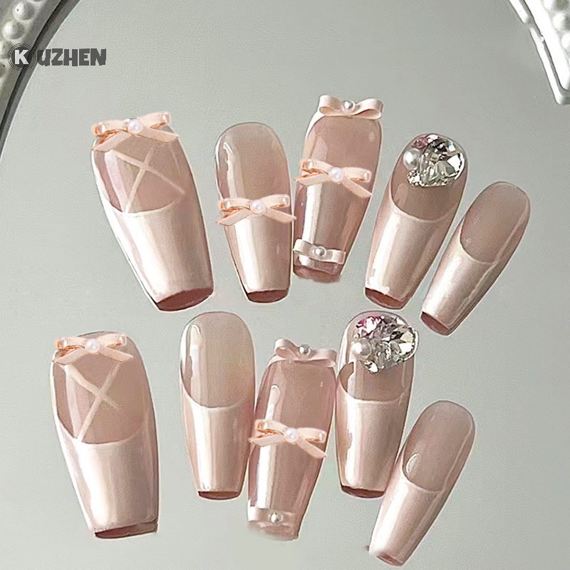 Kuzhen Set 10 Phụ Kiện Trang Trí Móng Tay Nghệ Thuật Bằng Hợp Kim Hình Nơ Thắt Nơ Màu Hồng Đen Trắng Đính Đá diy
