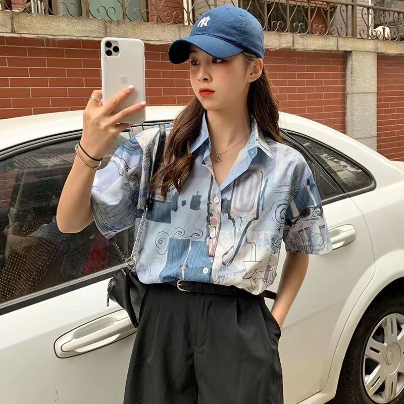 Áo Sơ Mi Tay Ngắn Dáng Rộng In Họa Tiết Dễ Thương Phong Cách Hàn Quốc Thời Trang Cho Nam Và Nữ